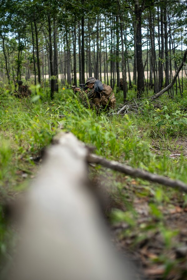Marines with Special Purpose Marine Air-Ground Task Force - Southern Command provide security while conducting a simulated patrol during a field exercise at Camp Lejeune, North Carolina, June 8, 2020. The FEX provides the Marines and Sailors the opportunity to stay proficient with their equipment and refine their tactical skill sets. SPMAGTF-SC is poised to conduct crisis response, general engineering training and theater security cooperations alongside partner nation militaries in Latin America and the Caribbean. (U.S. Marine Corps photo by Sgt. Andy O. Martinez)