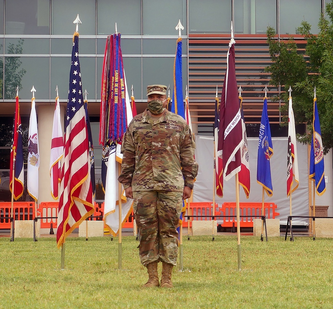 Brig. Gen. Shan K. Bagby is introduced as the new commanding general for Brooke Army Medical Center after a change of command ceremony at Joint Base San Antonio-Fort Sam Houston June 26.