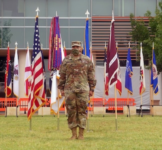 Brig. Gen. Shan K. Bagby is introduced as the new commanding general for Brooke Army Medical Center after a change of command ceremony at Joint Base San Antonio-Fort Sam Houston June 26.