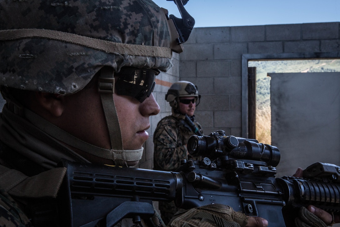 A U.S. Marine conducts room clearing  during a Military Operations on Urban Terrain training on Marine Corps Base Camp Pendleton Calif., May 19.