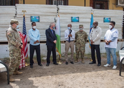 Dr. Saleh Banoita Tourab, executive secretary of the Djiboutian Ministry of Health, speaks during a ceremony at Bouffard Hospital in Djibouti City, Djibouti, June 25, 2020. Combined Joint Task Force-Horn of Africa (CJTF-HOA), donated 60 beds valued at $9,400 to the Djiboutian Ministry of Health for its efforts during the ongoing COVID-19 pandemic.