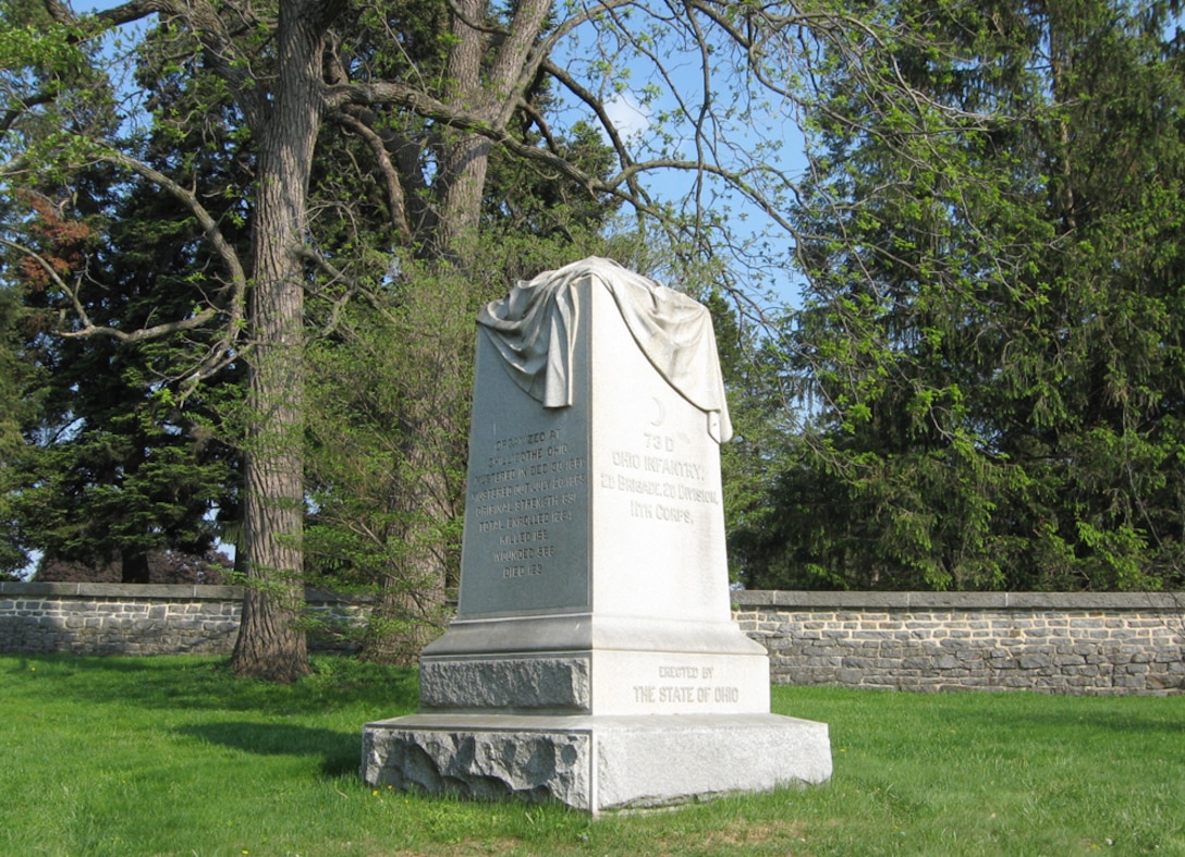 A monument sits among grass, trees and a stone wall.