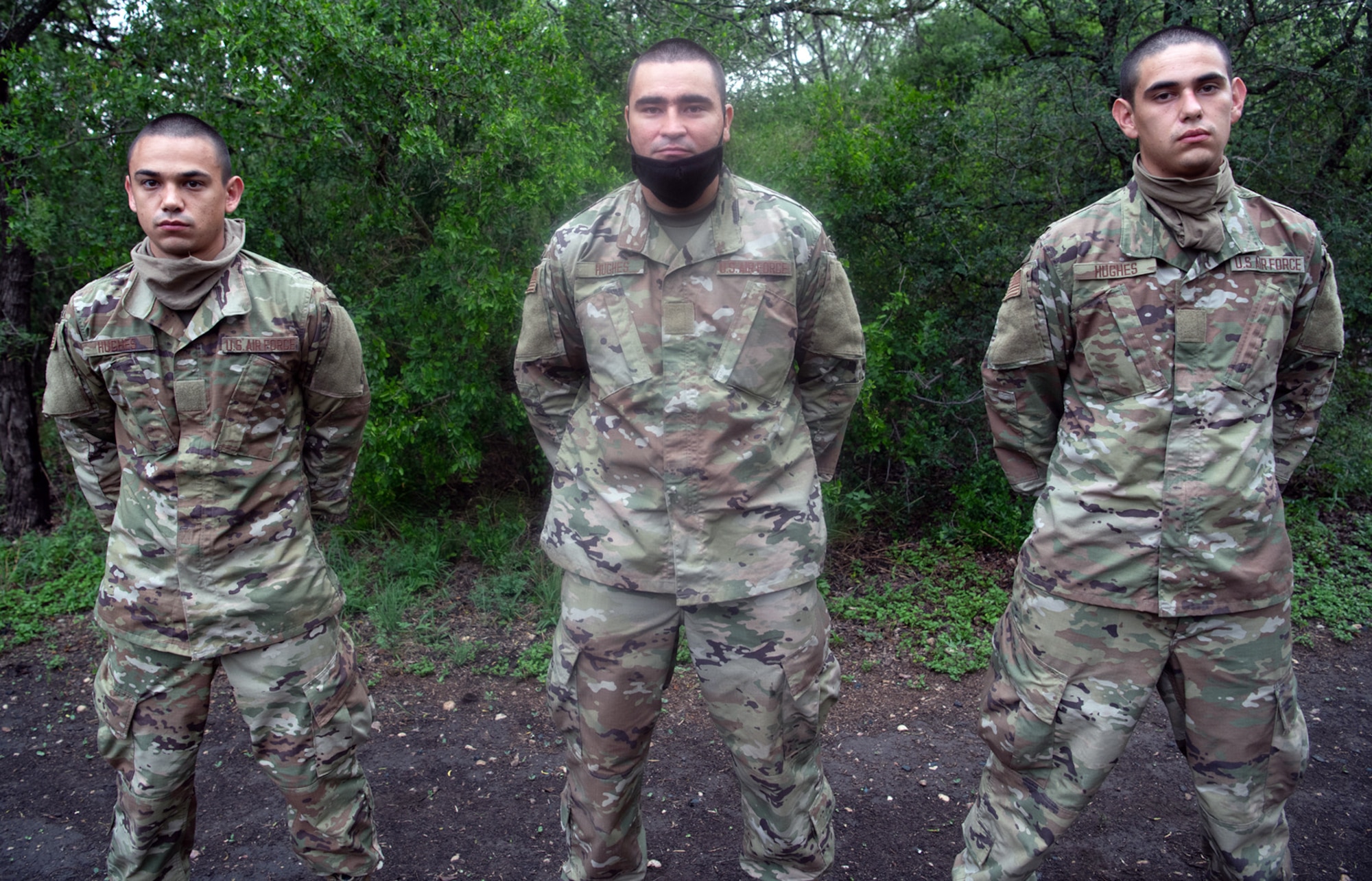 Daniel (left), Jesus (center), and Nicolas (right) Hughes, U.S. Air Force basic training trainees