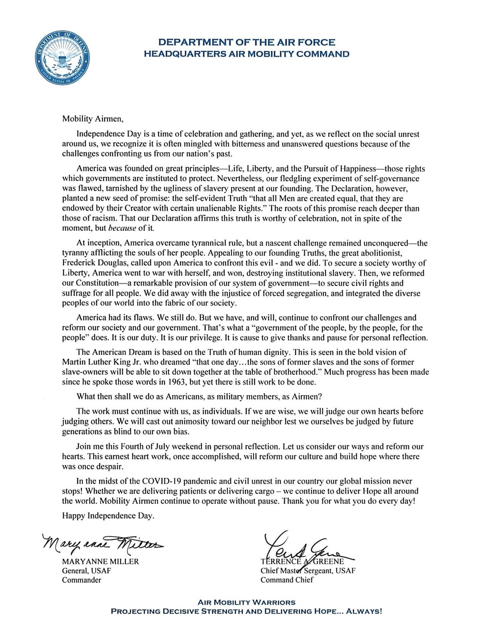 Independence Day message from General Maryanne Miller, Air Mobility Command Commander.