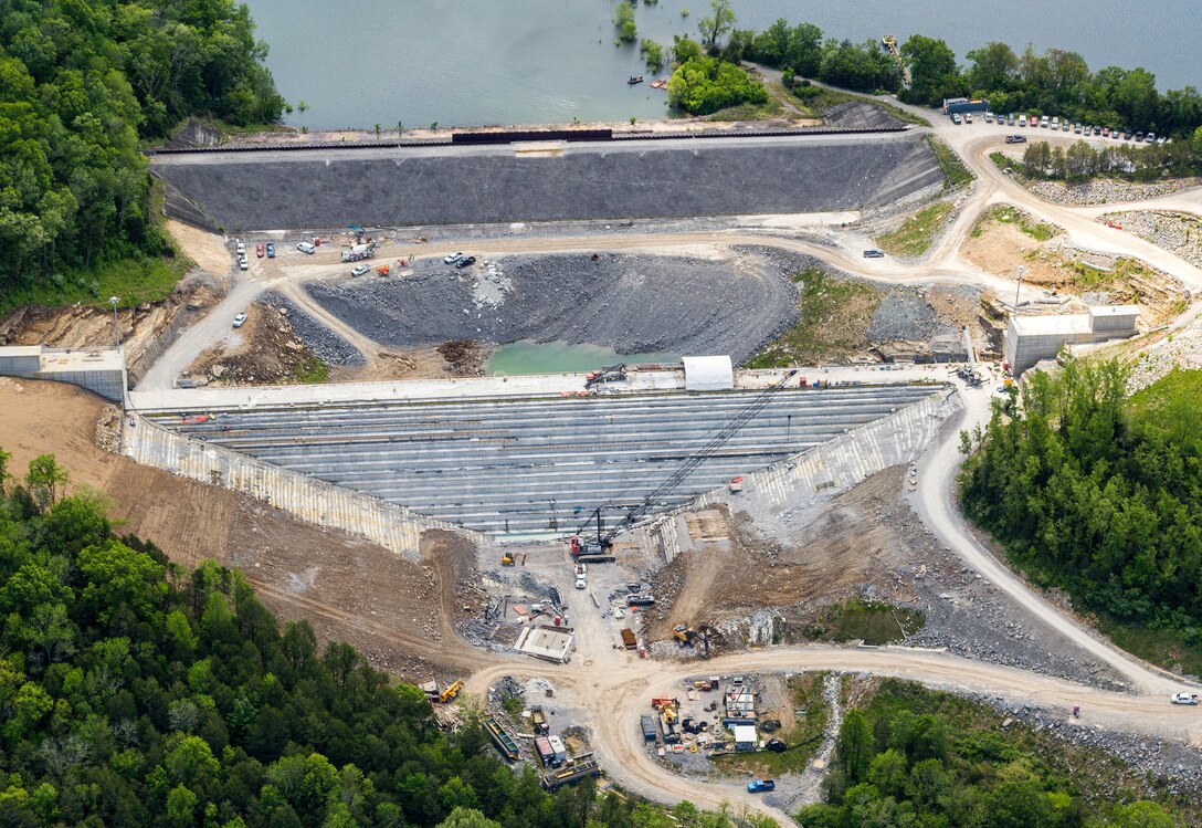 Aerial photo of the Center Hill Auxiliary Dam and roller compacted concrete berm in Silver Point, Tennessee, May 11, 2020. The RCC berm reinforces the auxiliary dam, a secondary earthen embankment that fills a low area in the landscape just east of the main dam. (Courtesy Asset)