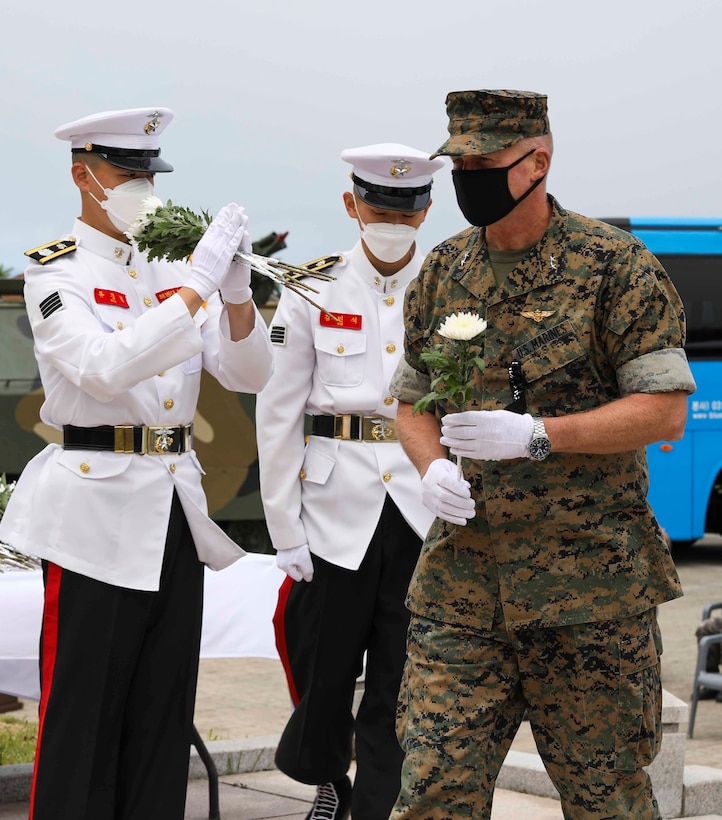 The Commander of U.S. Marine Corps Forces Korea, MajGen Bradley S. James, attended the 69th anniversary of the Dosol Mountain Victory Event, 19 June. U.S. and ROK Marines fought together during this battle in the Korean War and forged an enduring brotherhood that lasts to this day. After the battle, then President of the Republic of Korea, Syngman Rhee, bestowed the name "Mujuk" on the Marines, which means invincible. (U.S. Marine Corps Photo by Sgt. Parker R. Golz)