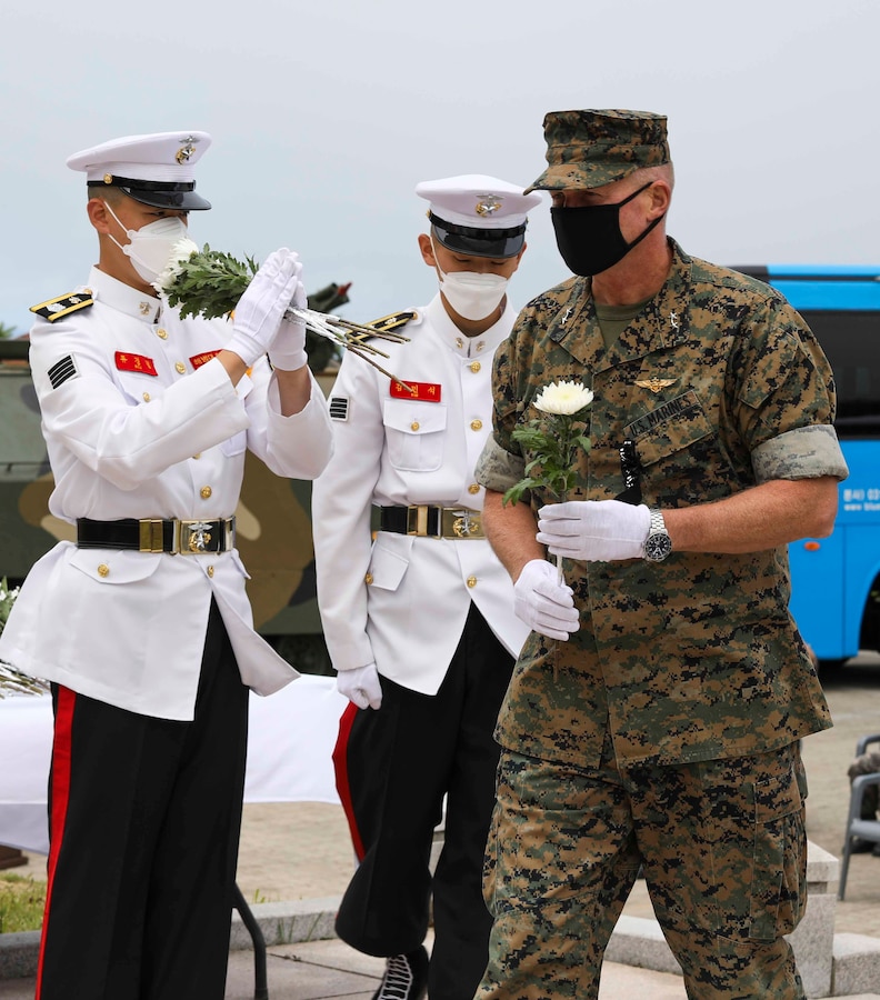 The Commander of U.S. Marine Corps Forces Korea, MajGen Bradley S. James, attended the 69th anniversary of the Dosol Mountain Victory Event, 19 June. U.S. and ROK Marines fought together during this battle in the Korean War and forged an enduring brotherhood that lasts to this day. After the battle, then President of the Republic of Korea, Syngman Rhee, bestowed the name "Mujuk" on the Marines, which means invincible. (U.S. Marine Corps Photo by Sgt. Parker R. Golz)