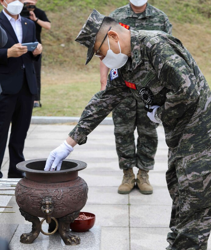 The Commander of U.S. Marine Corps Forces Korea, MajGen Bradley S. James, attended the 69th anniversary of the Dosol Mountain Victory Event, 19 June. U.S. and ROK Marines fought together during this battle in the Korean War and forged an enduring brotherhood that lasts to this day. After the battle, then President of the Republic of Korea, Syngman Rhee, bestowed the name "Mujuk" on the Marines, which means invincible. (U.S. Marine Corps Photo by Sgt. Parker R. Golz)