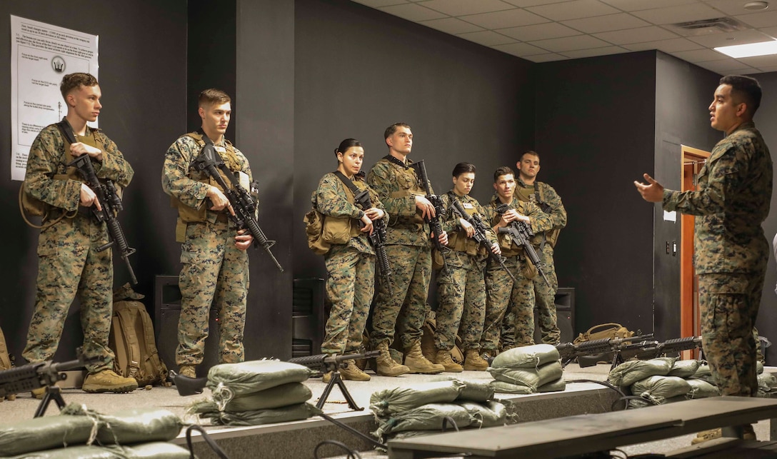 Enlisted Marines from U.S. Marine Corps Forces Korea participated in an enlisted-specific training day event on 26 June 2020. During the training, the Marines utilized the Engagement Skills Trainers aboard USAG Humphreys and got a hands-on Tactical Combat Casualty Care class in which they reviewed how to properly apply a tourniquet under stressful circumstances. The Marines also utilized simulated M240 Bravo machineguns while being taught weapon's functions and how to operate the crew served weapon. This training helps Marines maintain readiness and answer the call to Fight Tonight! (U.S. Marine Corps Photo by Sgt. Parker R. Golz)