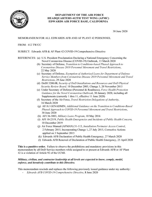 412th Test Wing Commander's latest COVID-19 guidance.