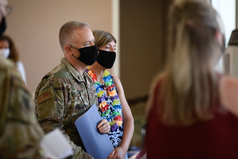 Col. Tyler R. Schaff, 316th Wing and Joint Base Andrews commander, and his wife, Ellen Schaff, attend a briefing during an immersion tour at Chapel One on Joint Base Andrews, Md., on June 29, 2020.