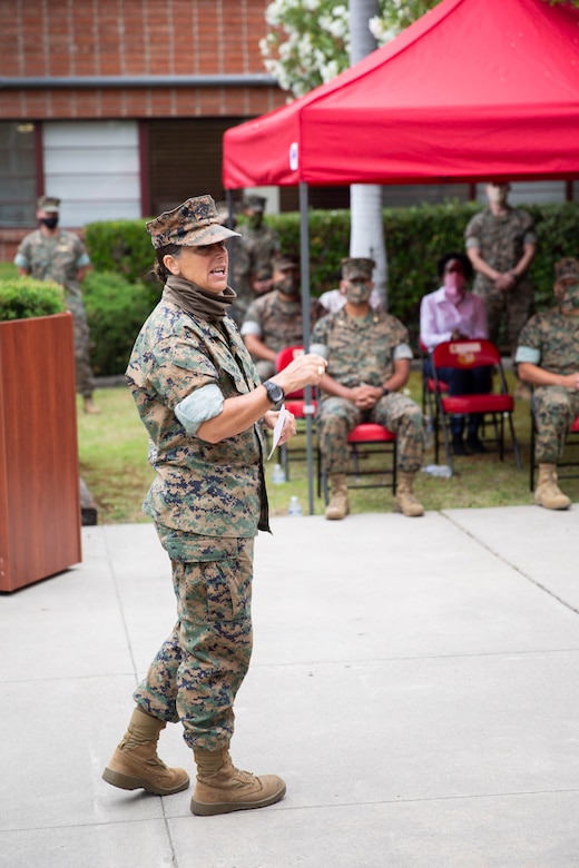 Brig. Gen. Bobbi Shea, commanding officer, 1st Marine Logistics Group, speaks during the Combat Logistics Regiment 15 deactivation ceremony on Camp Pendleton, California, July 1, 2020. CLR 15’s mission will be continued by 1st Supply Battalion and 1st Maintenance Battalion in order to support the readiness of I Marine Expeditionary Force.(U.S. Marine Corps Photo by Sgt. Maximiliano Rosas)
