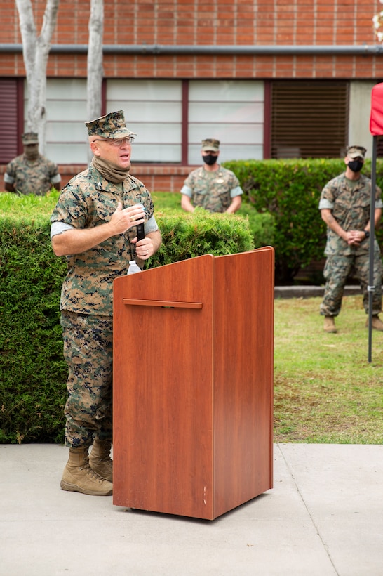 Col. Patrick M. Tucker delivers remarks during the deactivation ceremony of Combat Logistics Regiment 15, 1st Marine Logistics Group, on Camp Pendleton, California, July 1, 2020. Tucker was the last commanding officer for CLR 15. CLR 15 was deactivated to meet the intent of the 38th Commandant of the Marine Corps’ Commandant’s Planning Guidance. CLR 15’s mission will be continued by 1st Supply Battalion and 1st Maintenance Battalion in order to support the readiness of I Marine Expeditionary Force.(U.S. Marine Corps Photo by Sgt. Maximiliano Rosas)