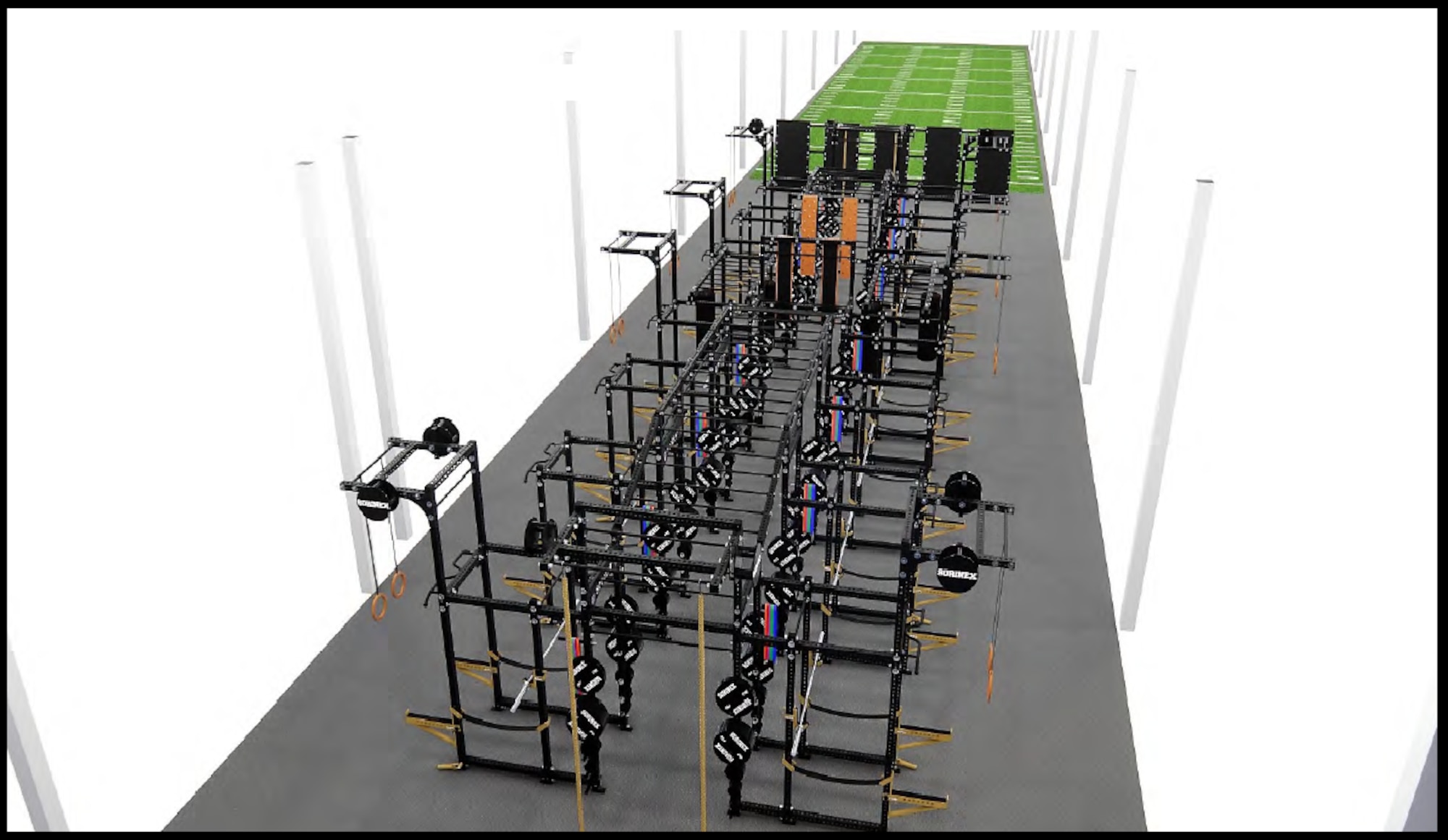 A rendered image depicting what U.S. Special Operations Command Central’s new human performance outdoor facility at MacDill Air Force Base, Tampa, Florida, will look like when additional fitness equipment is added. The facility is 247 feet long, 36 feet wide—130 feet of the flooring is made of synthetic turf, and the rest is made of rubber matting for the equipment workout area.