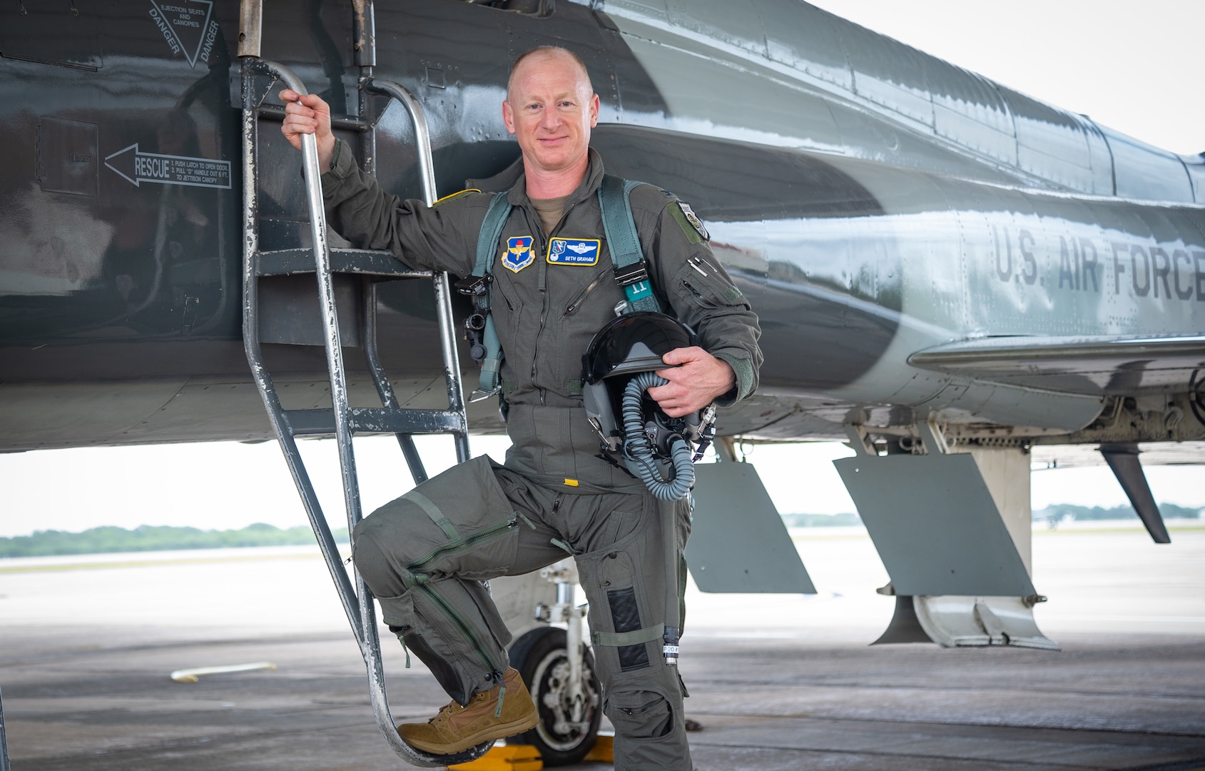 Col. Seth Graham, 14th Flying Training Wing commander, poses with a T-38 Talon before takeoff at Joint Base San Antonio-Randolph. Col. Graham is currently attending Pilot Instructor Training with the 560th Flying Training Squadron at JBSA-Randolph. (U.S. Air Force photo by Benjamin Faske)