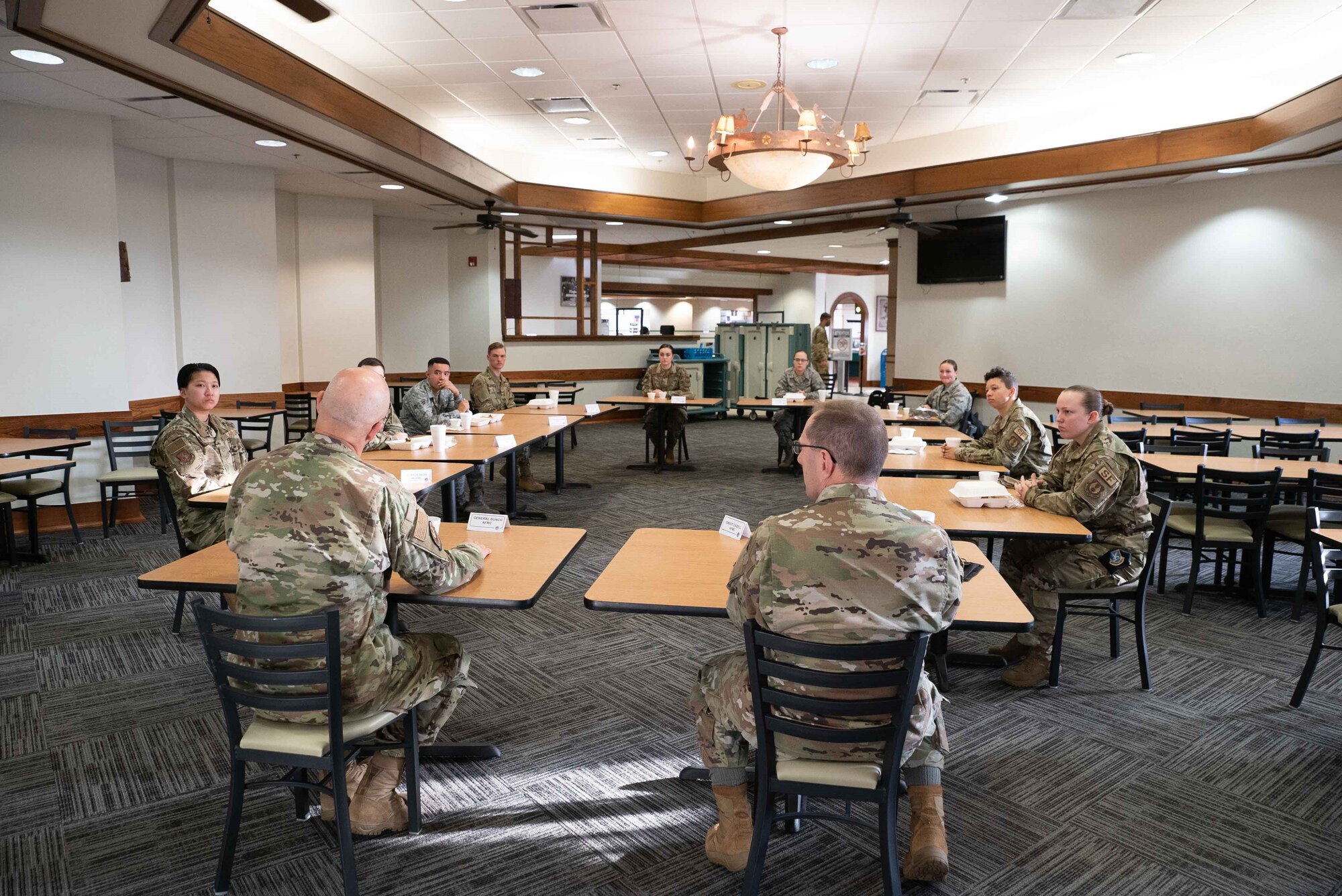 Air Force Materiel Command Commander Gen. Arnold W. Bunch Jr. meets with several Airmen to discuss diversity and inclusion at Tinker Air Force Base, Okla., June 30, 2020. Bunch met with almost a dozen Airmen to receive feedback and experiences related to racial inequality, and brainstorm plans and practices for the future. (U.S. Air Force photo by 2nd Lt. Danny Rangel)