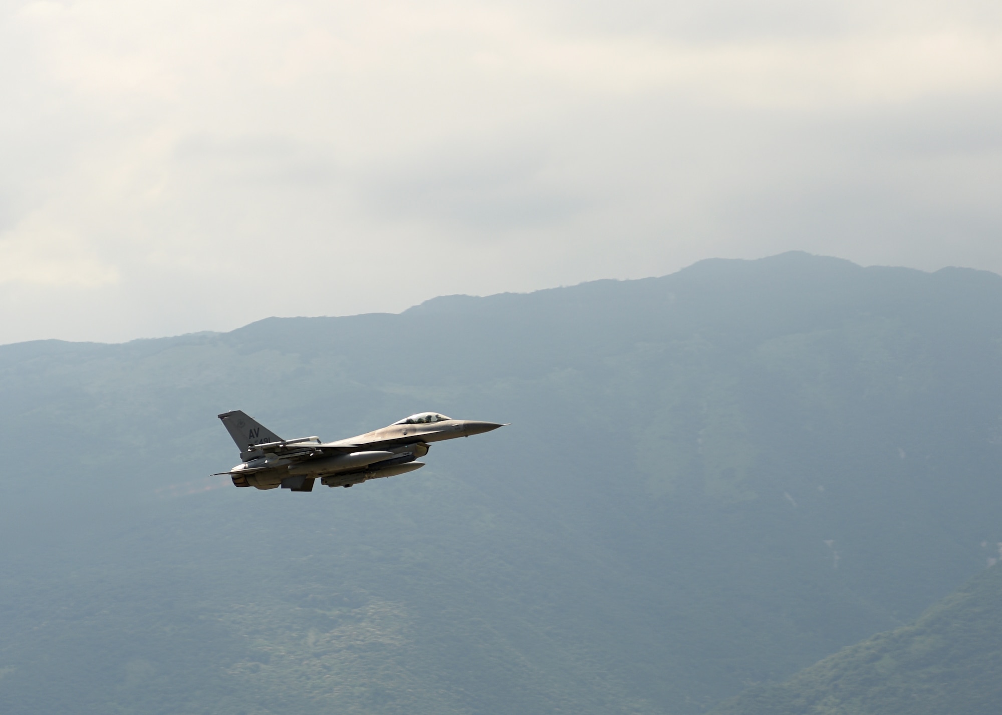A U.S. Air Force F-16 Fighting Falcon from the 510th Fighter Squadron takes flight in support of Operation Porcupine at Aviano Air Base, Italy, June 30, 2020. Operation Porcupine is an annual exercise to train on inoperability within the 31st Fighter Wing units.  (U.S. Air Force photo by Staff Sgt. Heidi Goodsell)