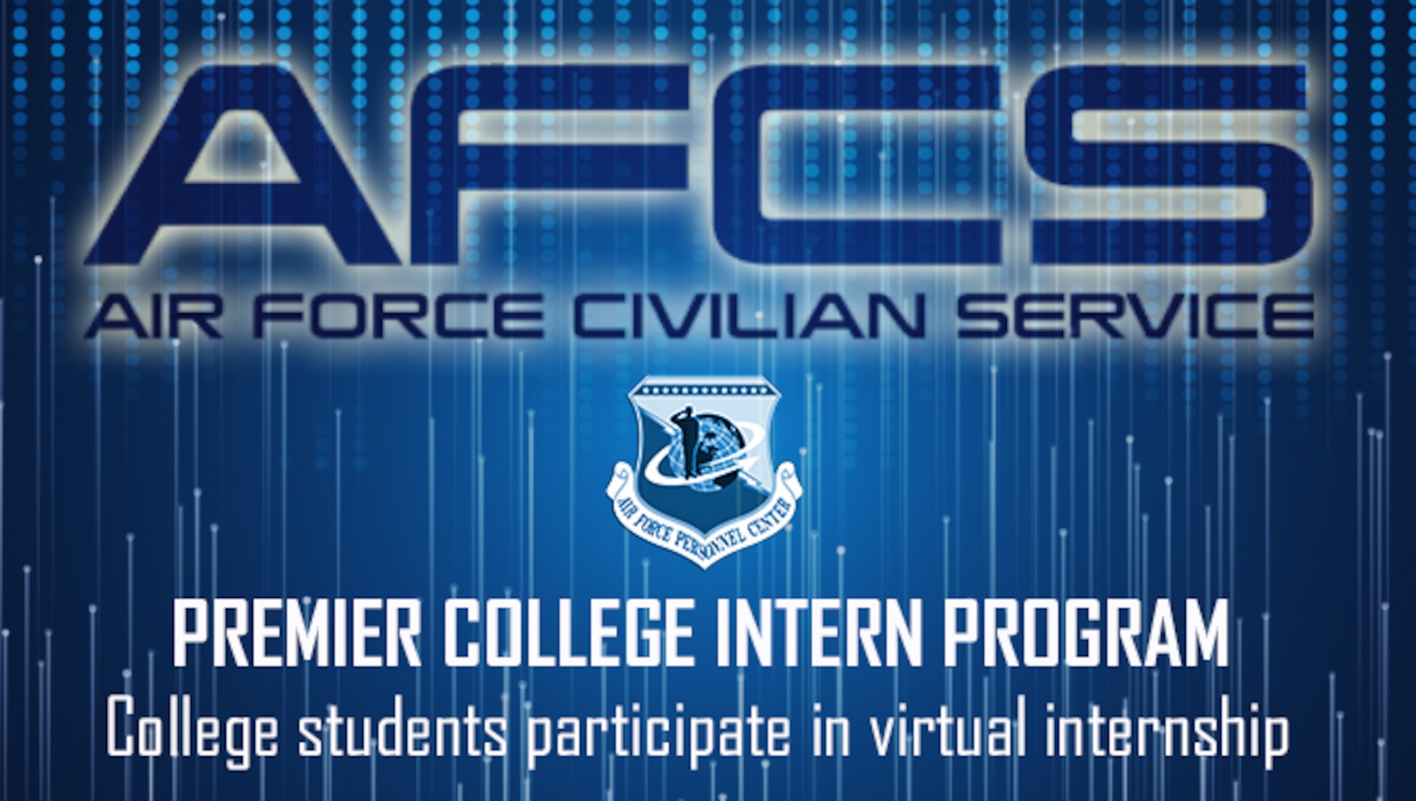 Blue graphic with Air Force's Personnel Center shield and large text across the top reading, "AFCS"