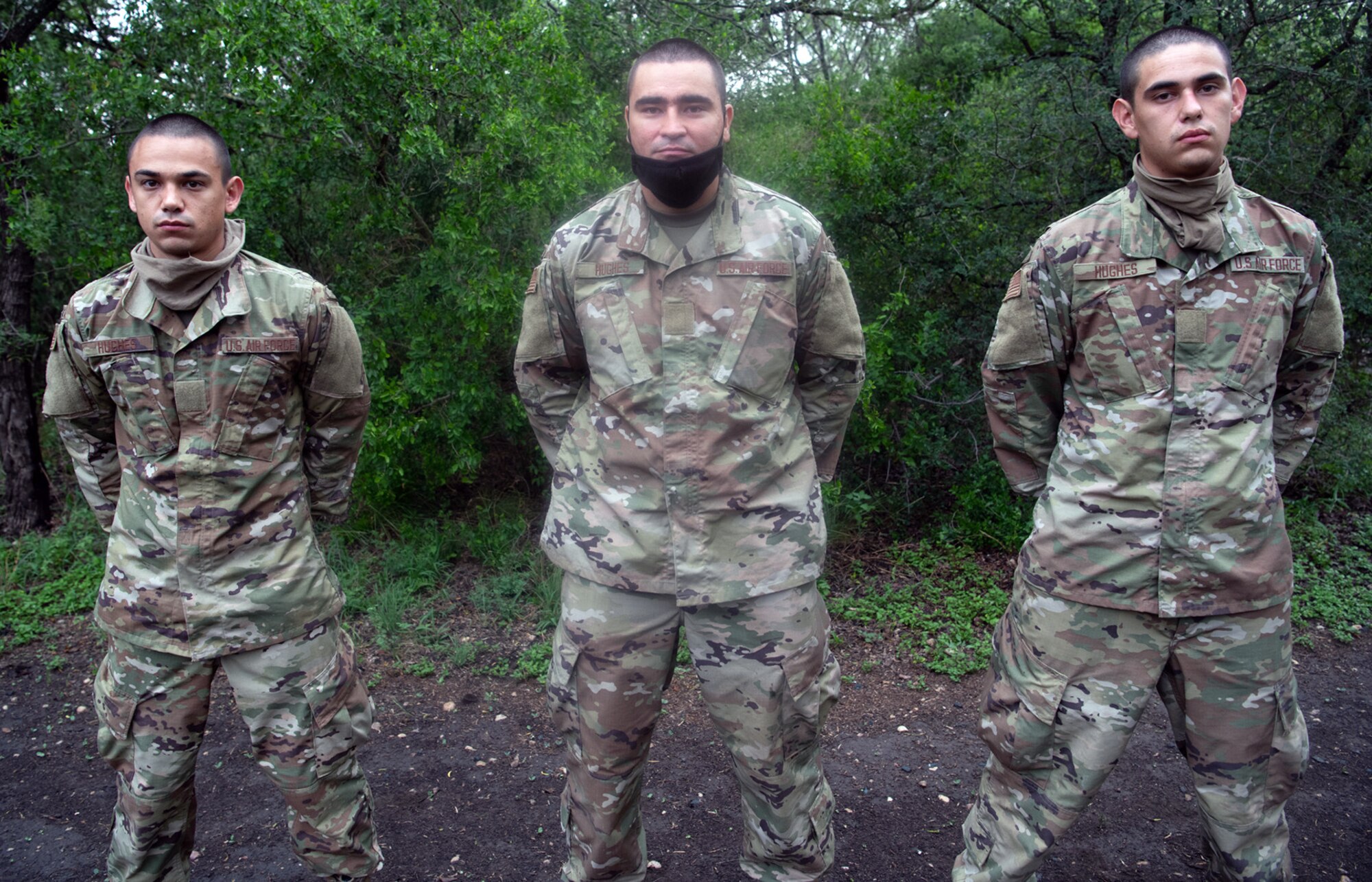 Daniel (left), Jesus (center), and Nicolas (right) Hughes, U.S. Air Force basic training trainees