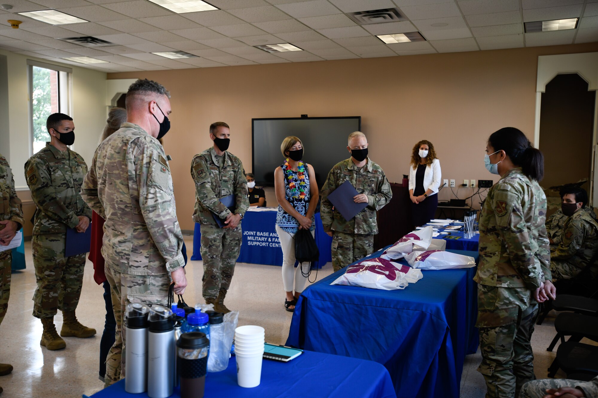 Representatives from the Family Advocacy Program brief leadership from the 316th Wing and 89th Airlift Wing during an immersion tour at Chapel One on Joint Base Andrews, Md., on June 29, 2020.