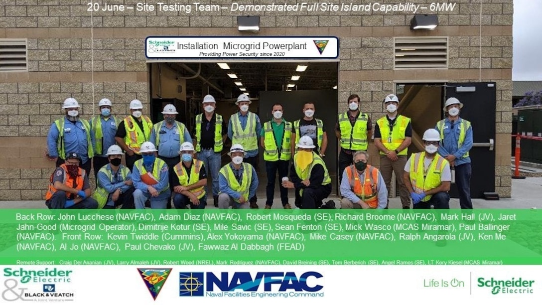 The site testing team in front of the microgrid powerplant after successful black start tests at Marine Corps Air station Miramar, June 20, 2020.