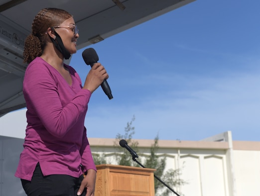 Chief Master Sergeant Tracie Duvall, 18th Mission Support Group command chief, speaks to participants before the Walk for Unity 5K at Kadena Air Base, Okinawa, Japan, June 20, 2020. The event signified Team Kadena’s commitment to bringing the community together and resolving racial divides and inequalities in our nation and Air Force. (U.S. Air Force photo by Staff Sgt. Daryn Murphy)