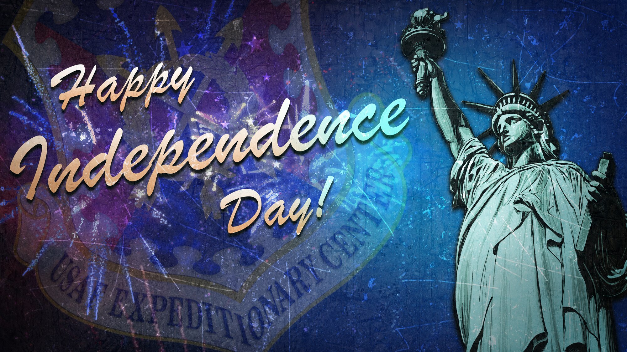 Independence Day graphic with fireworks and the Statue of Liberty.