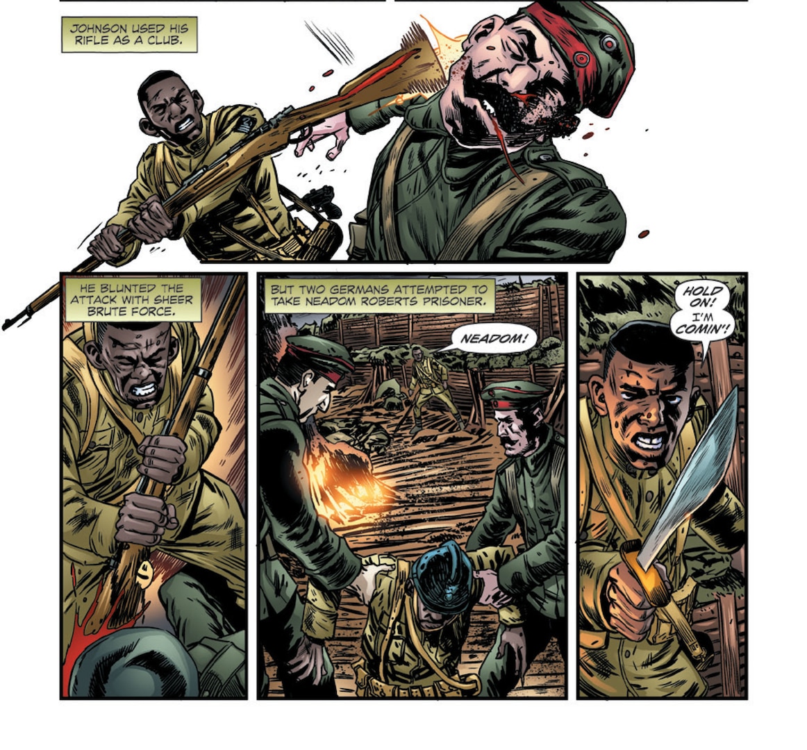 Sgt. Henry Johnson, a New York National Guard Soldier who was awarded the Medal of Honor posthumously for his actions during World War I, attacks a German Soldier in these panels from a digital graphic novel about Johnson released by the Association of the United States Army. Johnson, a railroad porter in Albany, N.Y., was a member of the New York National Guard's 369th Infantry.