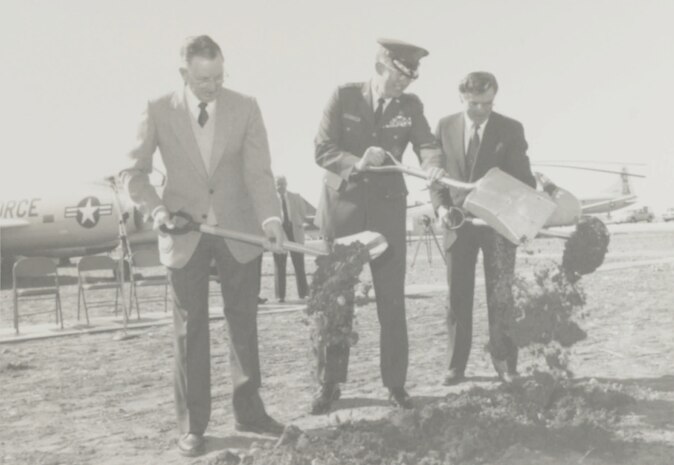 Retired Maj. Gen. Rex A. Hadley (left), Ogden ALC commander Maj. Gen. James W. Hopp (center), and Utah State Building Board chairman Ron Halverson (right) broke ground for the Hill Aerospace Museum on March 16, 1990.