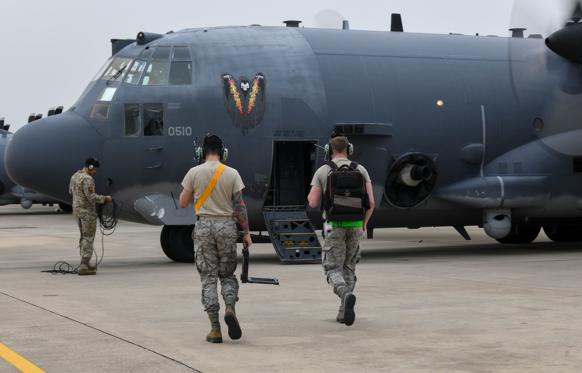 Air Commandos with the 4th Special Operations Squadron and the 4th Aircraft Maintenance Unit prepare for the final flight of AC-130U Spooky gunship 0510 at Hurlburt Field, Florida, June 26, 2020.