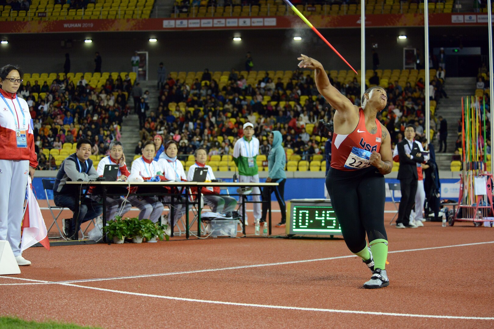 U.S. Army Spc. Avione Allgood throws the javelin for 4th place  in the CISM Military World Games track and field competition Oct. 25, 2019. She threw 52.68 meters, missing bronze by 5 centimeters.