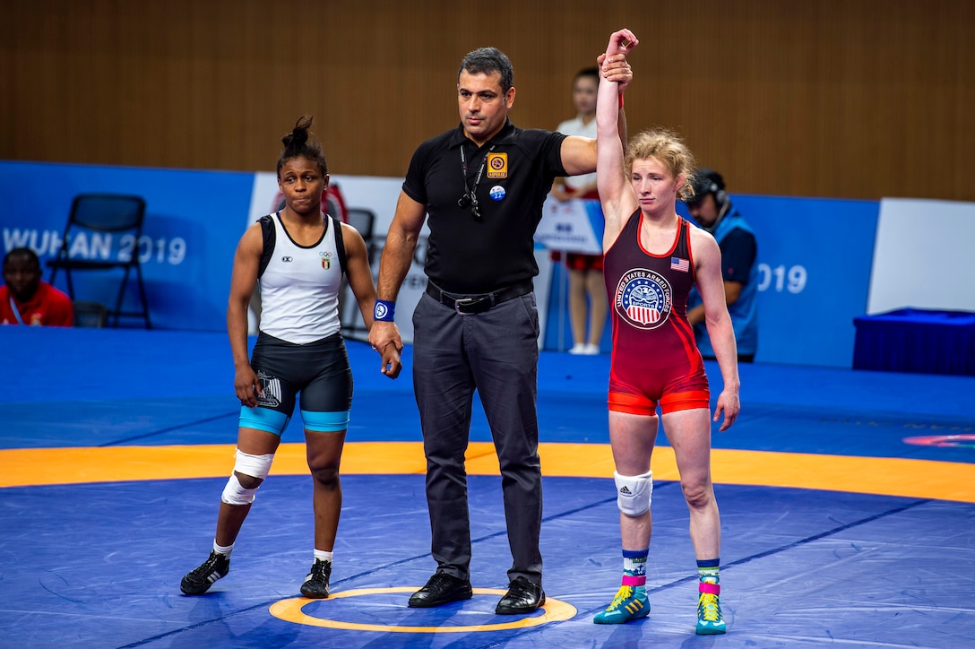 SSgt. Whitney Conder with the U.S. Armed Forces Wrestling Team is announced as the victor in her match against Egypt in the 50 kg. weight class at the Council of International Sports for Military games (CISM) in Wuhan, China Oct. 22, 2019. The CISM games opened Oct. 18, 2019 and close Oct. 28, 2019. (DoD photo by Mass Communication Specialist 1st Class Ian Carver/RELEASED)