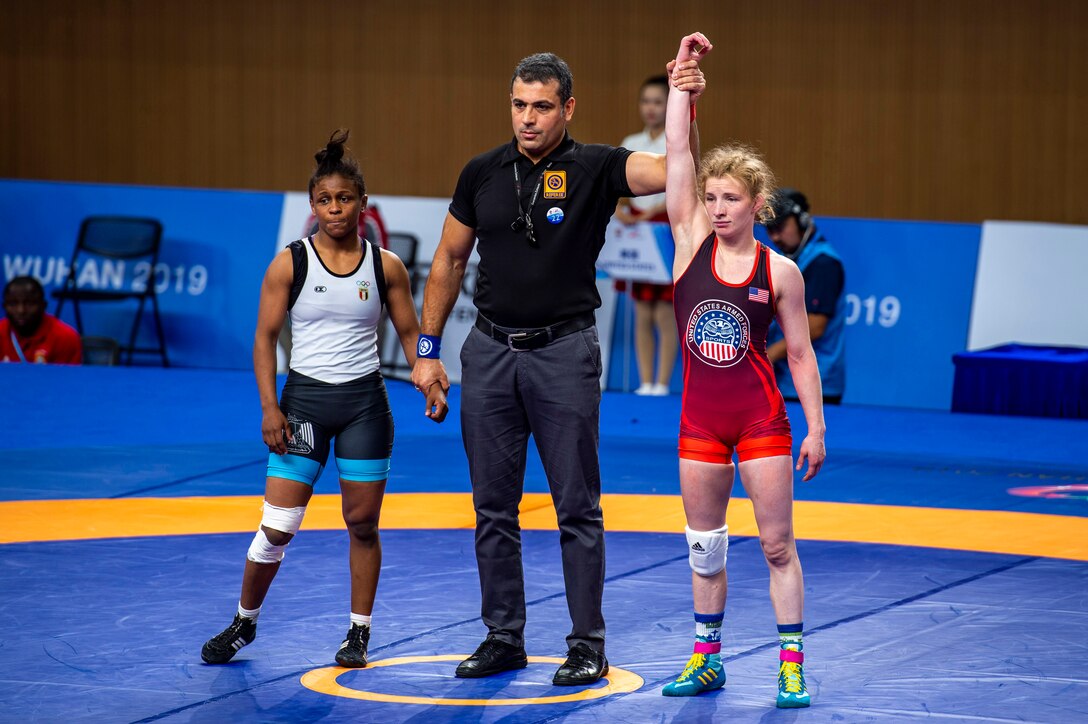 SSgt. Whitney Conder with the U.S. Armed Forces Wrestling Team is announced as the victor in her match against Egypt in the 50 kg. weight class at the Council of International Sports for Military games (CISM) in Wuhan, China Oct. 22, 2019. The CISM games opened Oct. 18, 2019 and close Oct. 28, 2019. (DoD photo by Mass Communication Specialist 1st Class Ian Carver/RELEASED)