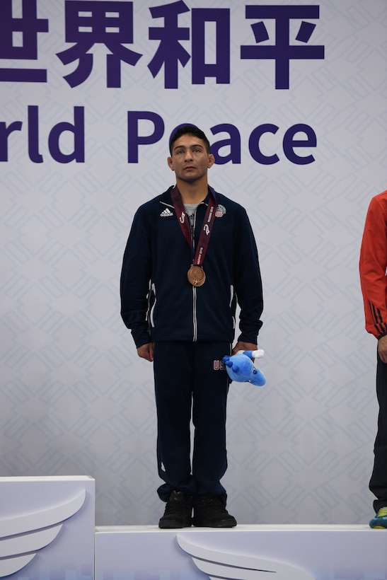 Army Staff Sgt. Max Nowry of Fort Carson, Colo. captures the bronze medal in men's freestyle wrestling on October 21, 2019, during the 7th Consil International du Sport Militaire (CISM) Military World Games in Wuhan, China.