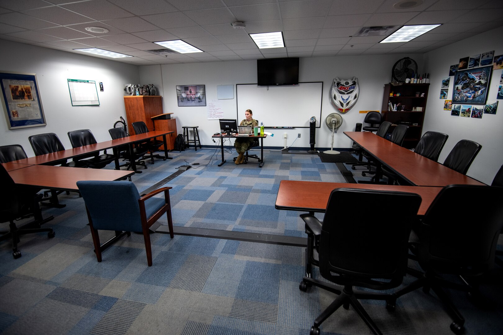 U.S. Air Force Tech. Sgt. Kristen Peck, Robert D. Gaylor Non-Commissioned Officer Academy student instructor, engages with her students during a virtual class June 23, 2020, at Joint Base San Antonio-Lackland, Texas.