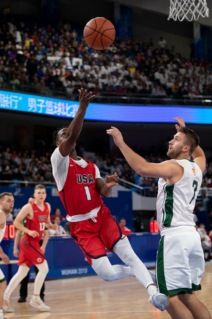 U.S. Navy Lt. J.G. Tilman Dunbar drives to the net during the during the gold medal men’s basketball with Lithuania in the 2019 CISM Military World Games in Wuhan, China Oct. 26, 2019. The U.S. team won silver. (DoD photo by EJ Hersom)