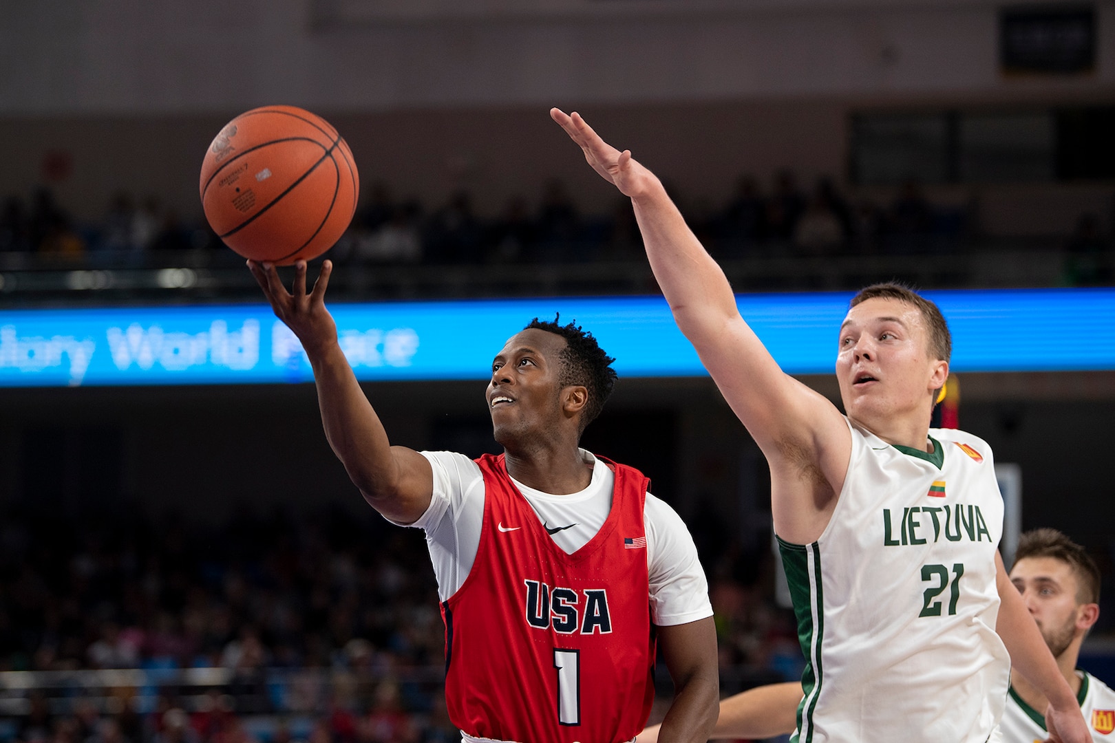 U.S. Navy Lt. J.G. Tilman Dunbar drives to the net during the during the gold medal men’s basketball with Lithuania in the 2019 CISM Military World Games in Wuhan, China Oct. 26, 2019. The U.S. team won silver. (DoD photo by EJ Hersom)