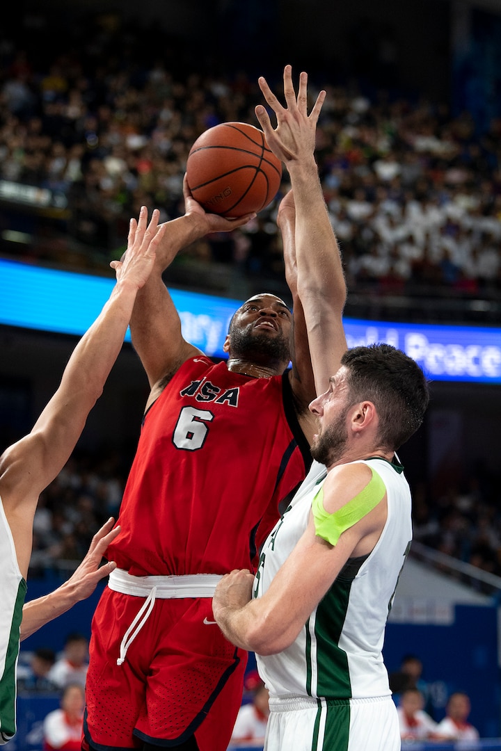 U.S. Air Force Staff Sgt. Jahmal Lawson puts up a shot during the during the gold medal men’s basketball with Ukraine in the 2019 CISM Military World Games in Wuhan, China Oct. 26, 2019. The U.S. team won silver. (DoD photo by EJ Hersom)