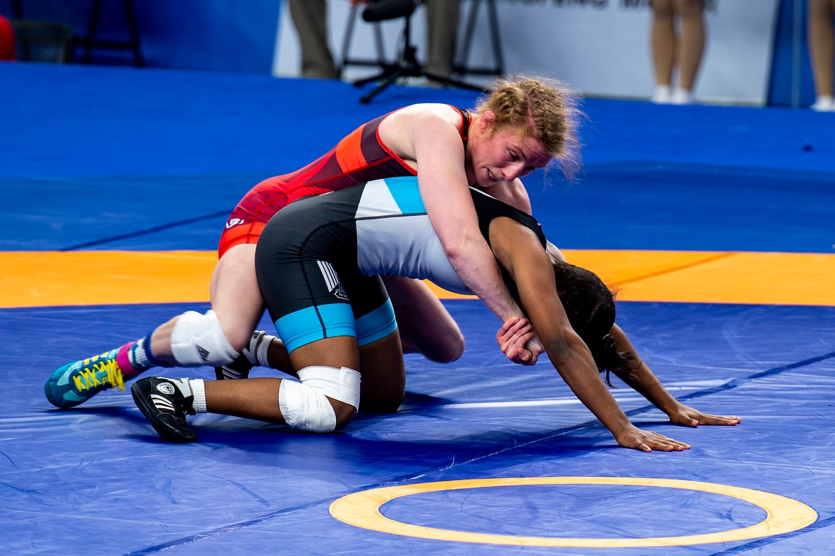 Army Staff Sgt. Whitney Conder with the U.S. Armed Forces Wrestling Team competes against Nada Ashour of Egypt in the 50kg. weight class at the Military World Games in Wuhan, China, Oct. 22, 2019. Conder prevailed 11-0 and earned a silver medal in the games. (DoD photo by Mass Communication Specialist 1st Class Ian Carver)