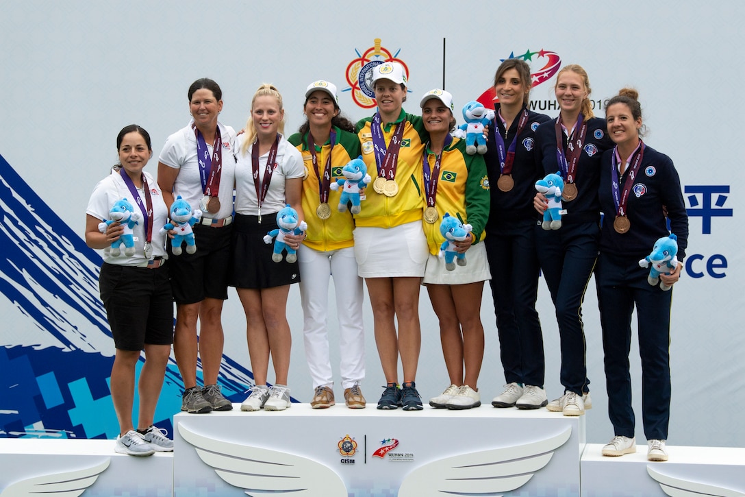 The U.S. Armed Forces Women’s Golf Team competes with Brazil and France for the top spot in the 2019 CISM Military World Games in Wuhan, China Oct. 22, 2019. (DoD photo by EJ Hersom)