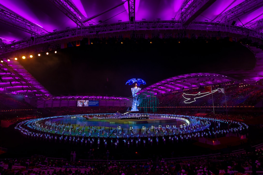 Entertainers performer during opening ceremonies for the 2019 CISM Military World Games in Wuhan, China Oct. 18, 2019. Teams from more than 100 countries will compete in dozens of sporting events through Oct. 28. (DoD photo by EJ Hersom)