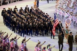The U.S. Armed Forces Sports team marches during opening ceremonies for the 2019 CISM Military World Games in Wuhan, China Oct. 18, 2019. Teams from more than 100 countries will compete in dozens of sporting events through Oct. 28. (DoD photo by EJ Hersom)