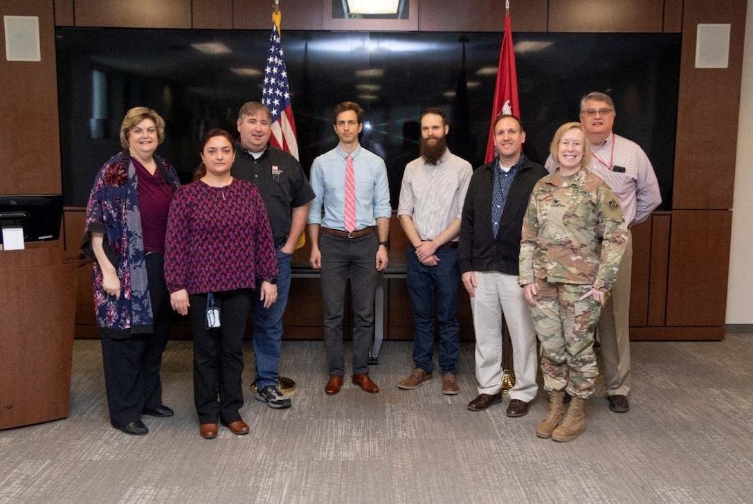 U. S. Army Engineer Research and Development Center (ERDC) Commander Col. Teresa Schlosser, front right, welcomed the five selectees for the 2020 six-month session of ERDC University, sponsored by the Office of Research and Technology Transfer and the Human Capital Office.  Participating in kickoff activities March 3-6 were, from left, ERDC U Program Manager and ORTT Technology, Knowledge and Outreach Division Chief Tisa Webb; Civil Engineer Ceyda Polatel, Jacksonville District, assigned to the Coastal and Hydraulics Laboratory; Natural Resource Specialist Jason Knight, Tulsa District, assigned to the Environmental Laboratory; Cost Civil Engineer Ian Pumo, Seattle District, assigned to EL and the Cold Regions Research and Engineering Laboratory;  Biologist Aaron McFarlane, St. Paul District,  assigned to EL; Geologist David Robison, Louisville District, assigned to Geotechnical and Structures Laboratory; and Human Capital Office Director Dr. Gary Anderton. U.S Army Corps of Engineers division and district participants partner with ERDC subject matter experts to apply and implement technical solutions.