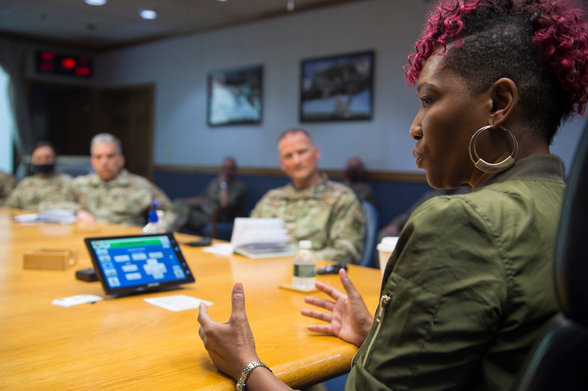 International motivational speaker Risha Grant hosts a closed-door discussion with leaders from the 621st CRW at the headquarters building June 30, 2020, at Joint Base McGuire-Dix-Lakehurst, N.J. Grant is known as a renowned diversity, inclusion and bias expert and is helping Air Force leadership better understand and overcome issues that Airmen face in work centers.