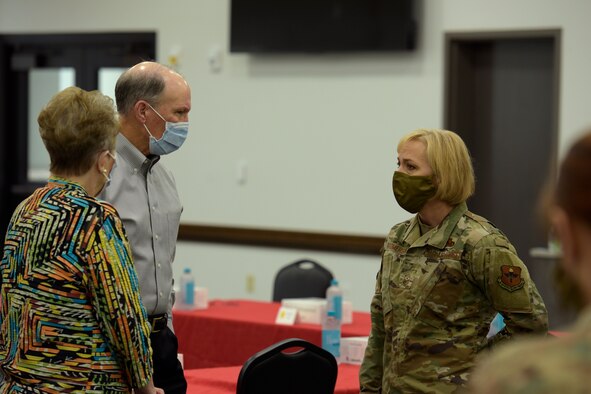 U.S. Air Force Chief Master Sgt. Casy Boomershine, 17th Training Wing command chief, speaks with key community leaders during a lunch at the Cressman Dining Facility on Goodfellow Air Force Base, Texas, July 2, 2020. The lunch provided Boomershine and Colonel James Finlayson, 17th Training Wing vice commander, the chance to meet a few members of the city council. (U.S. Air Force photo by Senior Airman Zachary Chapman)