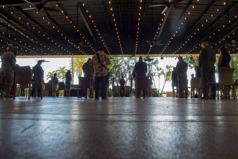 Military and civilian members attend the 613th Air Operations Center change of command ceremony, Joint Base Pearl Harbor-Hickam, Hawaii, June 29, 2020. The 613th AOC, assigned to Headquarters Pacific Air Forces, supports operations throughout the Indo-Pacific region, an area covering over 52 percent of the globe. (U.S. Air Force photo by Staff Sgt. Mikaley Kline)