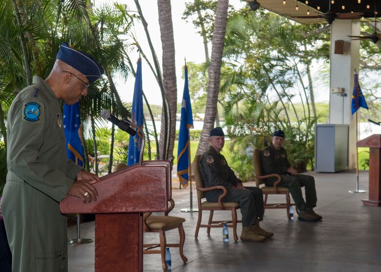 Gen. CQ Brown, Jr., Pacific Air Forces commander, provides opening remarks during the 613th Air Operations Center change of command ceremony, Joint Base Pearl Harbor-Hickam, Hawaii, June 29, 2020. The 613th AOC specifically focuses on integrating air, space, cyber, and information operations to meet campaign objectives established by Commander, U.S. Indo-Pacific Command. (U.S. Air Force photo by Staff Sgt. Mikaley Kline)