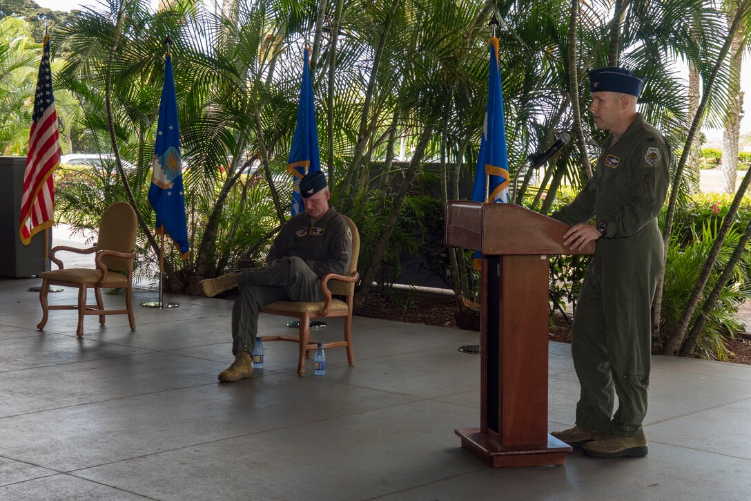 Col. Nicholas Evans, 613th Air Operations Center commander, addresses the audience during the 613th AOC change of command ceremony, Joint Base Pearl Harbor-Hickam, Hawaii, June 29, 2020. The 613th AOC, assigned to Headquarters Pacific Air Forces, supports operations throughout the Indo-Pacific region, an area covering over 52 percent of the globe. (U.S. Air Force photo by Staff Sgt. Mikaley Kline)
