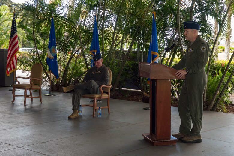 Col. Nicholas Evans, 613th Air Operations Center commander, addresses the audience during the 613th AOC change of command ceremony, Joint Base Pearl Harbor-Hickam, Hawaii, June 29, 2020. The 613th AOC, assigned to Headquarters Pacific Air Forces, supports operations throughout the Indo-Pacific region, an area covering over 52 percent of the globe. (U.S. Air Force photo by Staff Sgt. Mikaley Kline)