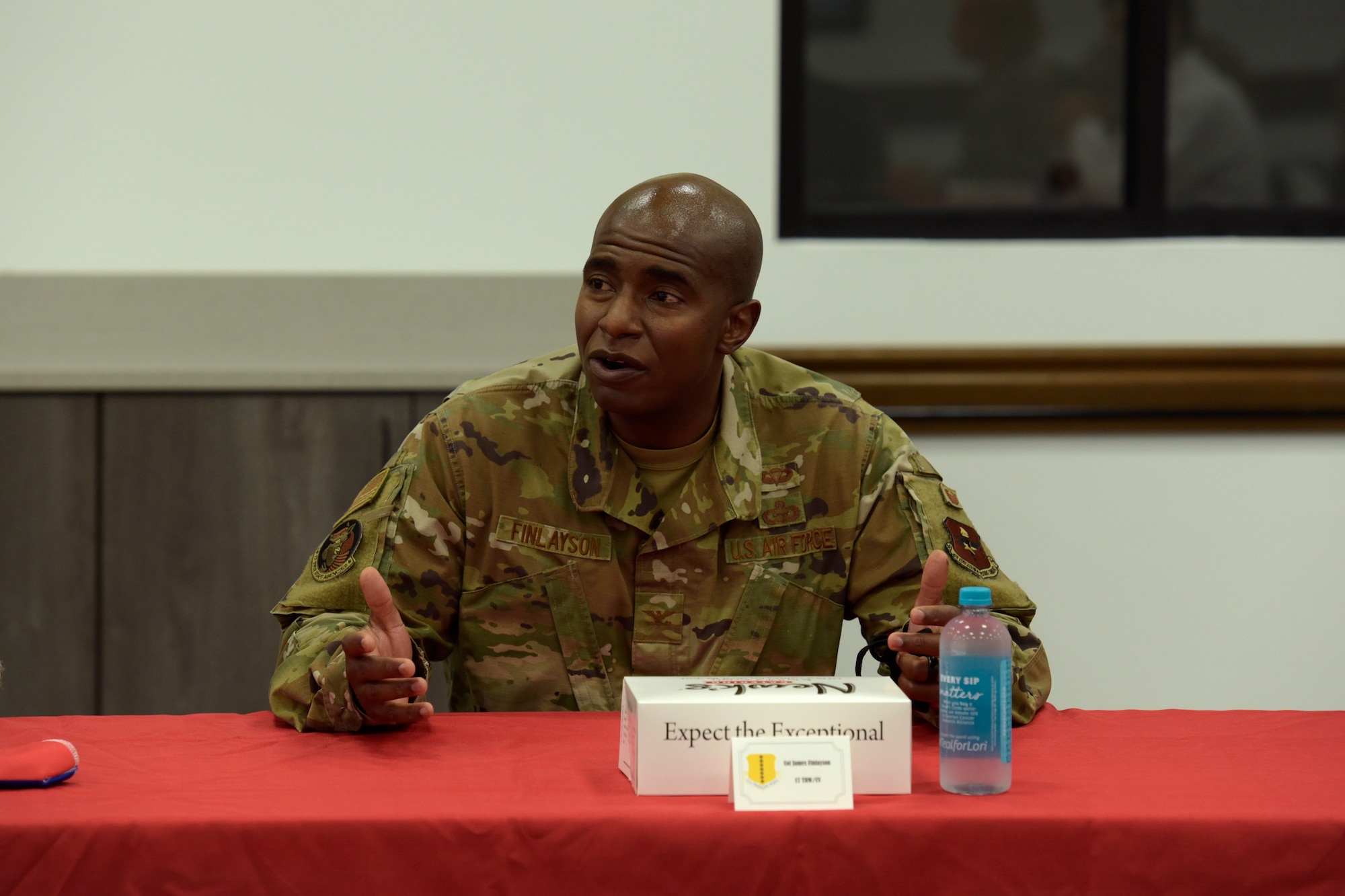 U.S. Air Force Colonel James Finlayson, 17th Training Wing vice commander, addresses members of the San Angelo City Council during a lunch at the Cressman Dining Facility on Goodfellow Air Force Base, Texas, July 2, 2020. During the lunch, future plans such as the Air Force Ball, Military Appreciation Day, and other events the community aids in were discussed. (U.S. Air Force photo by Senior Airman Zachary Chapman)